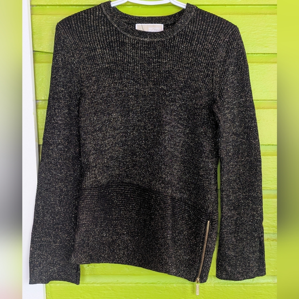 Michael Kors Black and Gold Metallic Knit Top Size XS NWOT